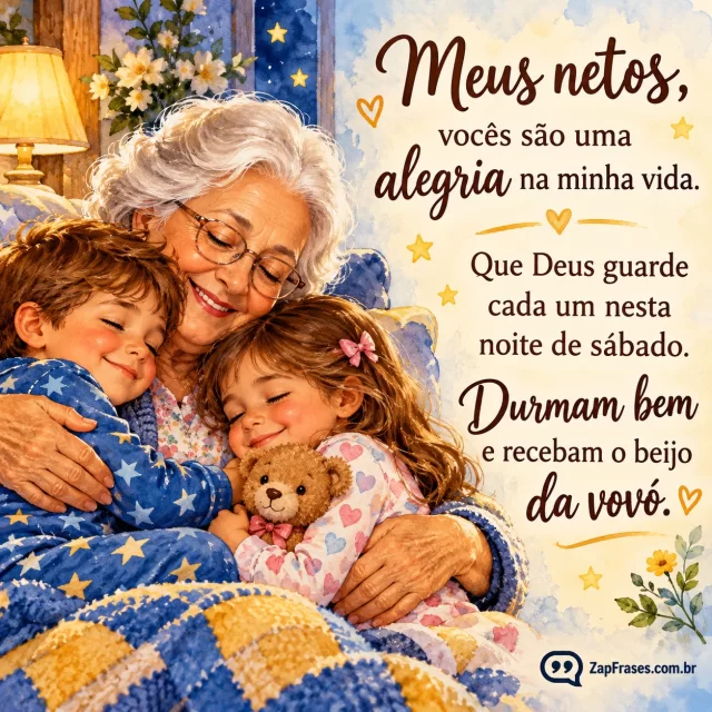 Avó de cabelos brancos abraçando dois netos, composição lateral.. Arte com a mensagem: Meus netos, vocês são uma alegria na minha vida. Que Deus guarde cada um nesta noite de sábado. Durmam bem e recebam o beijo da vovó.