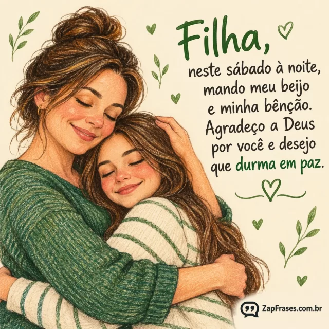 Mãe e filha adolescente abraçadas, fundo creme com pequenos traços verdes.. Arte com a mensagem: Filha, neste sábado à noite, mando meu beijo e minha bênção. Agradeço a Deus por você e desejo que durma em paz.