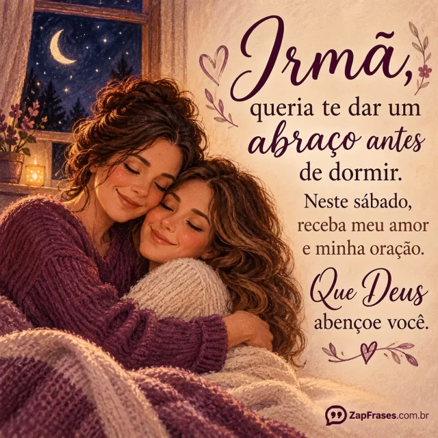 Duas irmãs adultas abraçadas, pequena janela noturna.. Arte com a mensagem: Irmã, queria te dar um abraço antes de dormir. Neste sábado, receba meu amor e minha oração. Que Deus abençoe você.