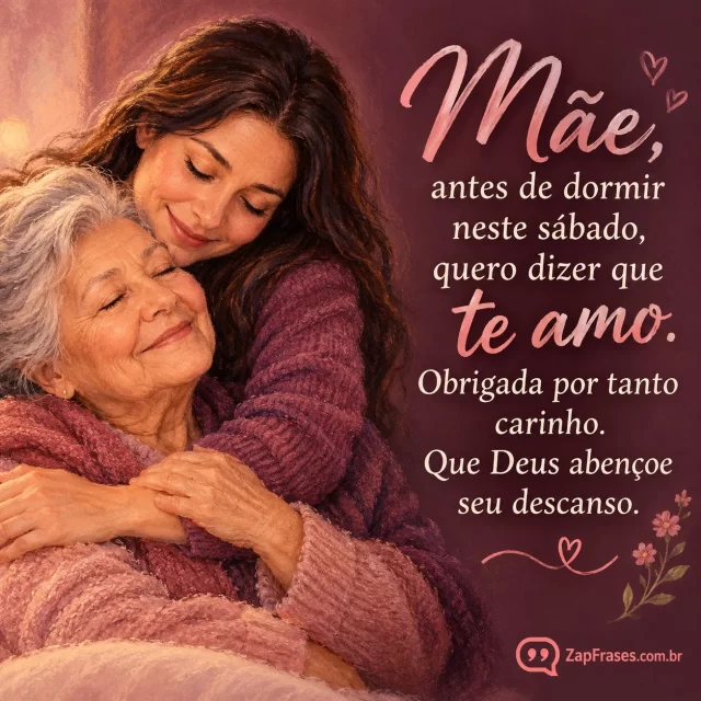 Mãe idosa e filha adulta abraçadas, composição lateral.. Arte com a mensagem: Mãe, antes de dormir neste sábado, quero dizer que te amo. Obrigada por tanto carinho. Que Deus abençoe seu descanso.