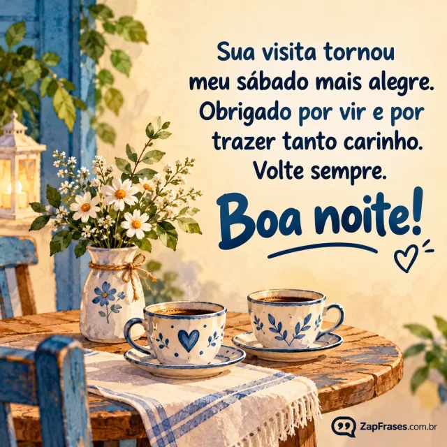 Duas xícaras e pequeno vaso de flores numa mesa, sem pessoas.. Arte com a mensagem: Sua visita tornou meu sábado mais alegre. Obrigado por vir e por trazer tanto carinho. Volte sempre. Boa noite!