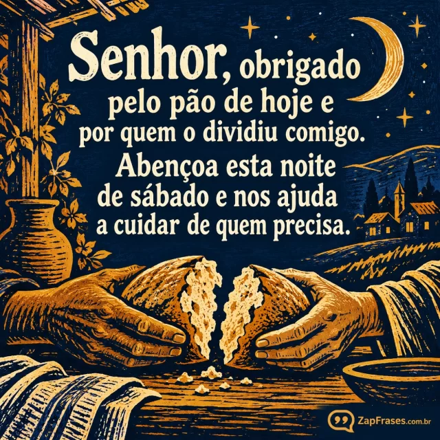 Pão dividido por mãos no rodapé, fundo azul e traços ocre.. Arte com a mensagem: Senhor, obrigado pelo pão de hoje e por quem o dividiu comigo. Abençoa esta noite de sábado e nos ajuda a cuidar de quem precisa.