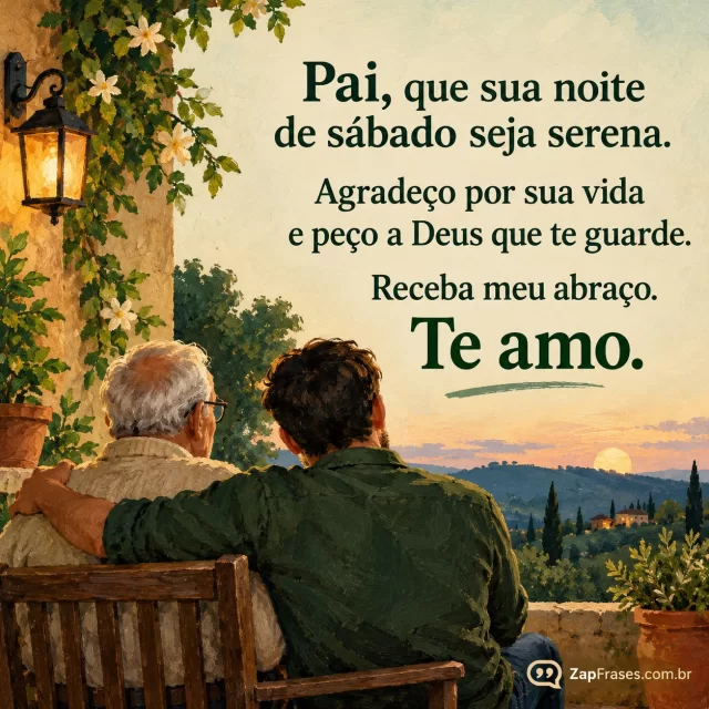 Pai idoso e filho adulto sentados próximos, composição inferior.. Arte com a mensagem: Pai, que sua noite de sábado seja serena. Agradeço por sua vida e peço a Deus que te guarde. Receba meu abraço. Te amo.
