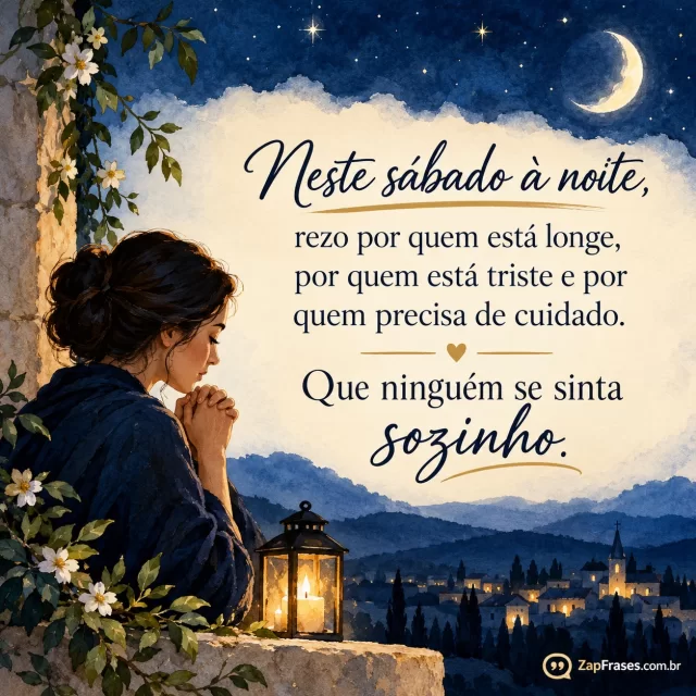 Pessoa adulta de perfil orando, azul-noite, borda inferior.. Arte com a mensagem: Neste sábado à noite, rezo por quem está longe, por quem está triste e por quem precisa de cuidado. Que ninguém se sinta sozinho.