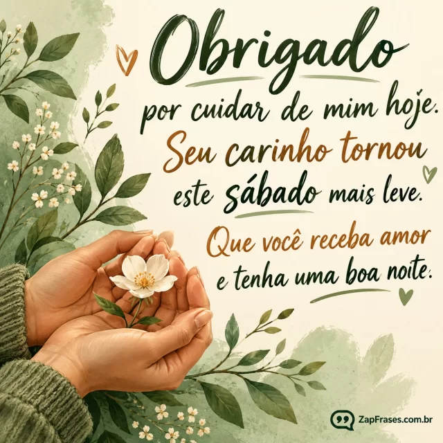 Mãos segurando uma pequena flor, limite inferior.. Arte com a mensagem: Obrigado por cuidar de mim hoje. Seu carinho tornou este sábado mais leve. Que você receba amor e tenha uma boa noite.
