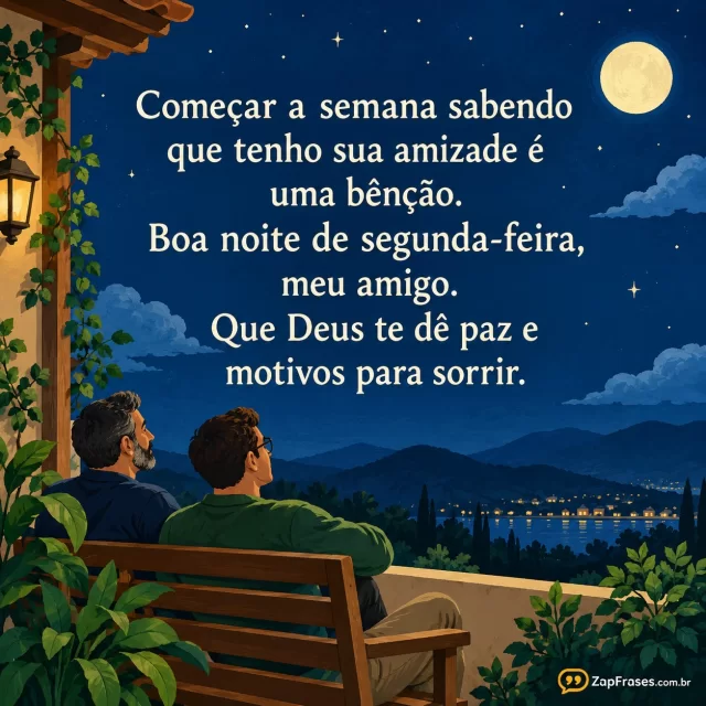 Dois amigos adultos sentados num banco da varanda olhando o céu noturno, rostos de perfil.. Arte com a mensagem: Começar a semana sabendo que tenho sua amizade é uma bênção. Boa noite de segunda-feira, meu amigo. Que Deus te dê paz e motivos para sorrir.