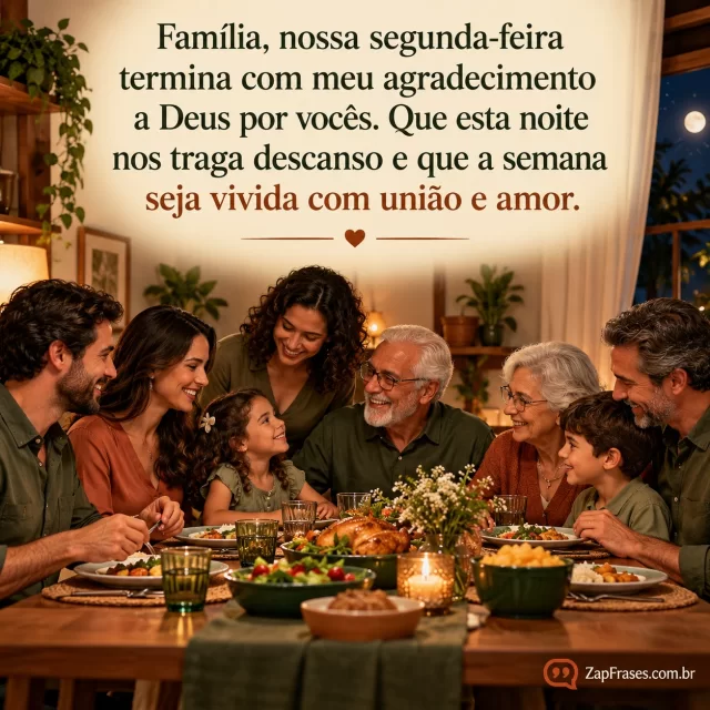 Família multigeracional reunida numa mesa simples de jantar em casa, noite.. Arte com a mensagem: Família, nossa segunda-feira termina com meu agradecimento a Deus por vocês. Que esta noite nos traga descanso e que a semana seja vivida com união e amor.