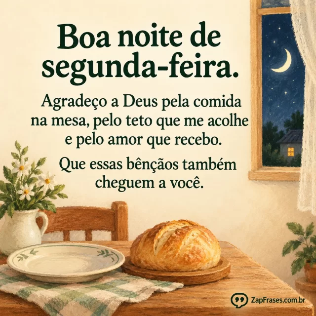 Prato simples e pão numa mesa doméstica, janela pequena com céu noturno.. Arte com a mensagem: Boa noite de segunda-feira. Agradeço a Deus pela comida na mesa, pelo teto que me acolhe e pelo amor que recebo. Que essas bênçãos também cheguem a você.