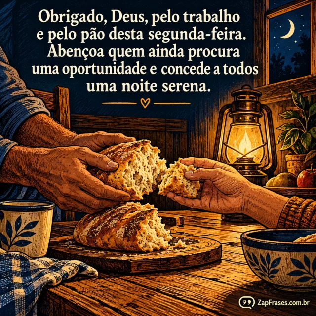 Mãos adultas repartindo pão sobre mesa de madeira com luz quente, noite em janela pequena.. Arte com a mensagem: Obrigado, Deus, pelo trabalho e pelo pão desta segunda-feira. Abençoa quem ainda procura uma oportunidade e concede a todos uma noite serena.