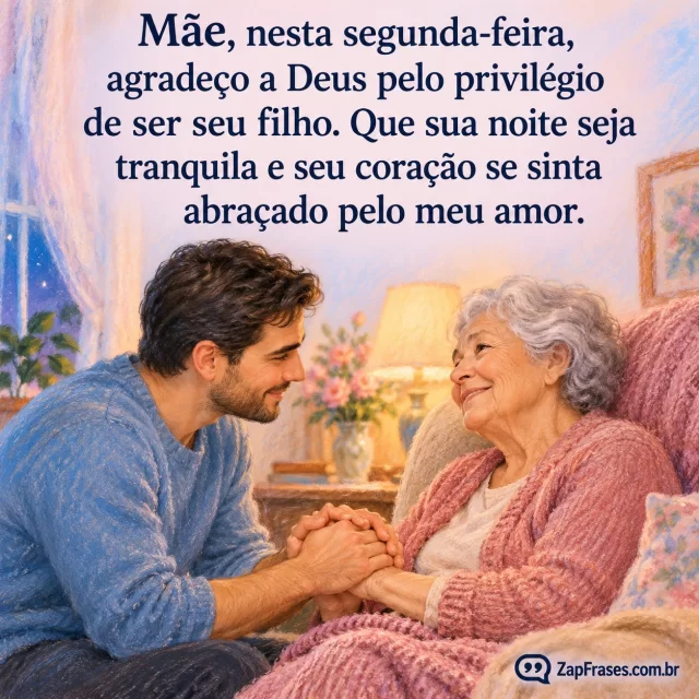 Filho adulto segurando com carinho as mãos da mãe idosa sentada numa poltrona.. Arte com a mensagem: Mãe, nesta segunda-feira, agradeço a Deus pelo privilégio de ser seu filho. Que sua noite seja tranquila e seu coração se sinta abraçado pelo meu amor.