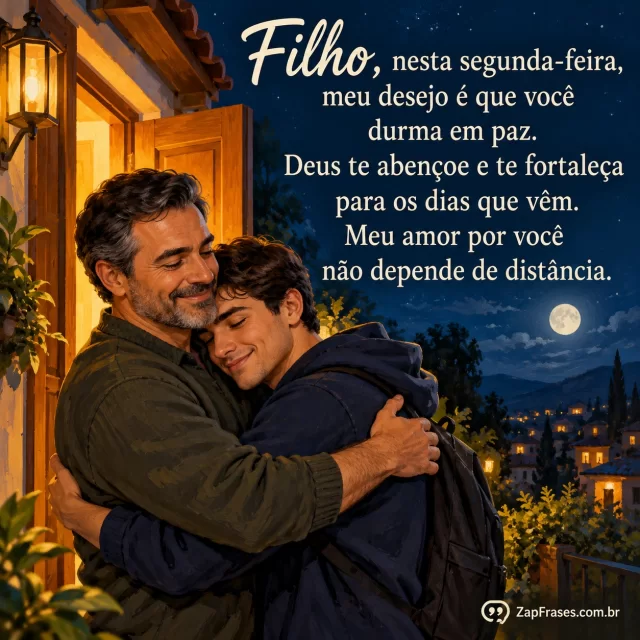 Pai adulto e filho jovem adulto num abraço, porta de casa iluminada e noite ao fundo.. Arte com a mensagem: Filho, nesta segunda-feira, meu desejo é que você durma em paz. Deus te abençoe e te fortaleça para os dias que vêm. Meu amor por você não depende de distância.