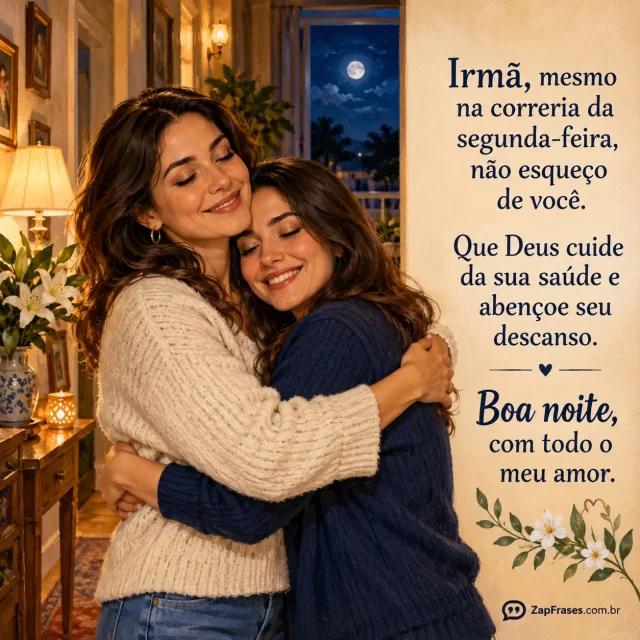 Duas irmãs adultas abraçadas em corredor acolhedor de casa, céu noturno na janela.. Arte com a mensagem: Irmã, mesmo na correria da segunda-feira, não esqueço de você. Que Deus cuide da sua saúde e abençoe seu descanso. Boa noite, com todo o meu amor.