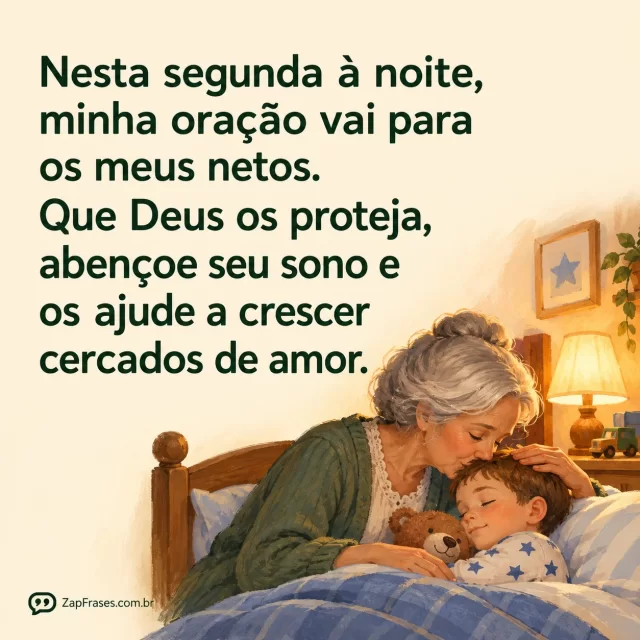 Avó beijando a testa do neto pequeno ao deitar, quarto simples com luz morna.. Arte com a mensagem: Nesta segunda à noite, minha oração vai para os meus netos. Que Deus os proteja, abençoe seu sono e os ajude a crescer cercados de amor.