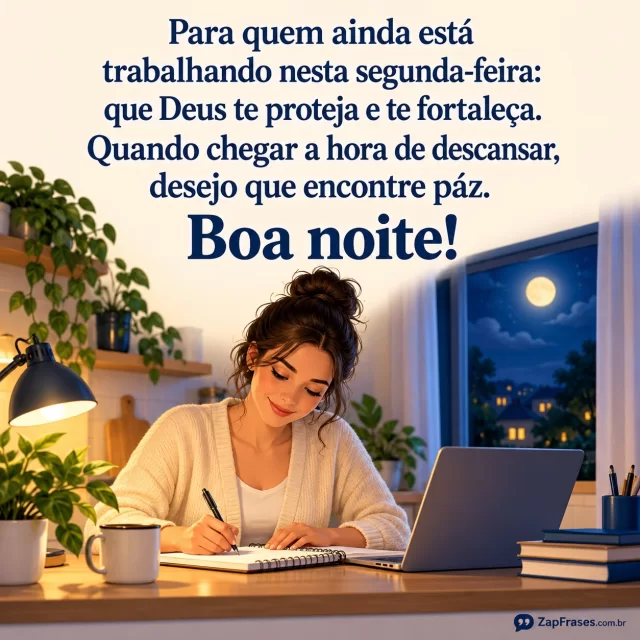 Trabalhadora adulta terminando uma atividade num balcão simples, janela com lua discreta.. Arte com a mensagem: Para quem ainda está trabalhando nesta segunda-feira: que Deus te proteja e te fortaleça. Quando chegar a hora de descansar, desejo que encontre paz. Boa noite!