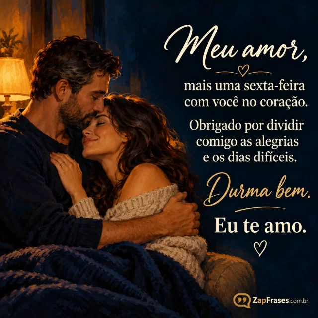 Casal adulto abraçado numa sala à noite, luz acolhedora.. Arte com a mensagem: Meu amor, mais uma sexta-feira com você no coração. Obrigado por dividir comigo as alegrias e os dias difíceis. Durma bem. Eu te amo.