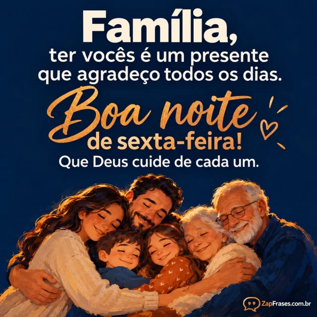 Família de diferentes idades num abraço noturno, pequena cena inferior.. Arte com a mensagem: Família, ter vocês é um presente que agradeço todos os dias. Boa noite de sexta-feira! Que Deus cuide de cada um.