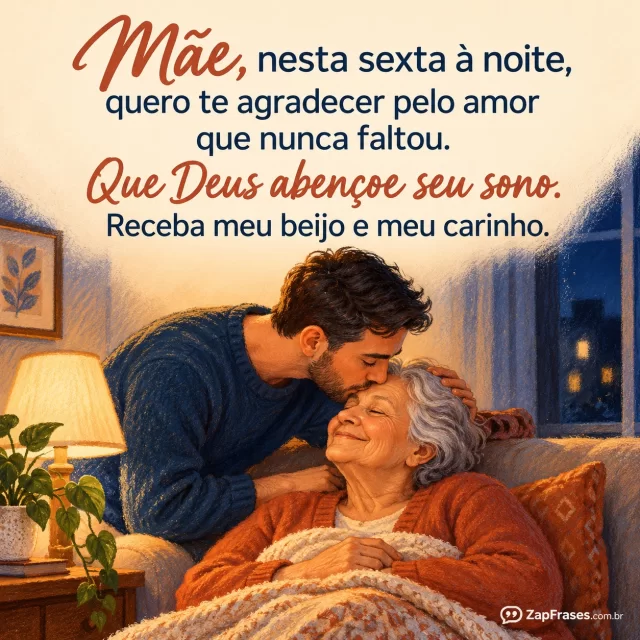 Filho adulto beijando a testa da mãe idosa numa sala à noite.. Arte com a mensagem: Mãe, nesta sexta à noite, quero te agradecer pelo amor que nunca faltou. Que Deus abençoe seu sono. Receba meu beijo e meu carinho.