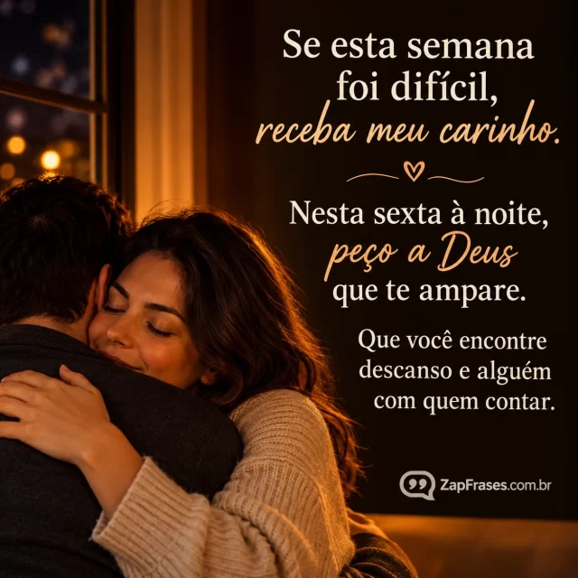 Uma pessoa adulta recebendo abraço ao lado de janela noturna, metade inferior.. Arte com a mensagem: Se esta semana foi difícil, receba meu carinho. Nesta sexta à noite, peço a Deus que te ampare. Que você encontre descanso e alguém com quem contar.
