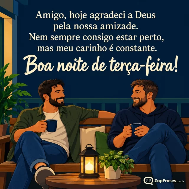 Dois amigos adultos num banco da varanda à noite.. Arte com a mensagem: Amigo, hoje agradeci a Deus pela nossa amizade. Nem sempre consigo estar perto, mas meu carinho é constante. Boa noite de terça-feira!