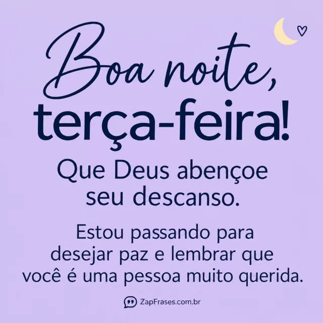 Pequena lua e um coração no canto sobre fundo lavanda opaco.. Arte com a mensagem: Boa noite, terça-feira! Que Deus abençoe seu descanso. Estou passando para desejar paz e lembrar que você é uma pessoa muito querida.
