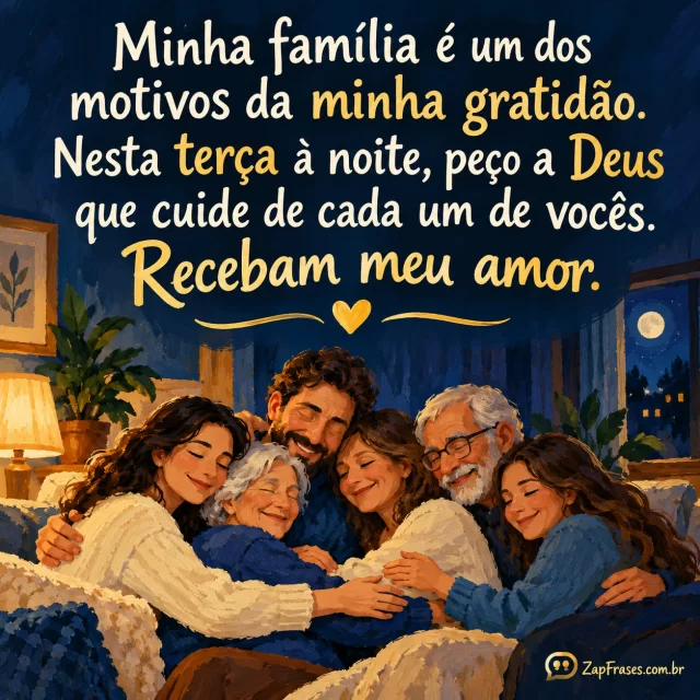 Família de adultos e idosos num abraço na sala acolhedora à noite.. Arte com a mensagem: Minha família é um dos motivos da minha gratidão. Nesta terça à noite, peço a Deus que cuide de cada um de vocês. Recebam meu amor.