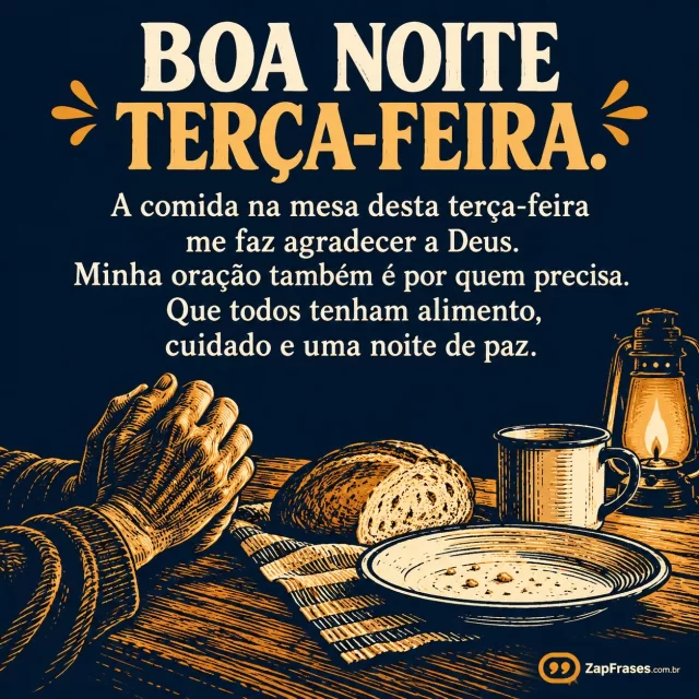 Pão e prato simples sobre mesa à noite, gesto de mãos em oração.. Arte com a mensagem: Boa noite, terça-feira. A comida na mesa desta terça-feira me faz agradecer a Deus. Minha oração também é por quem precisa. Que todos tenham alimento, cuidado e uma noite de paz.