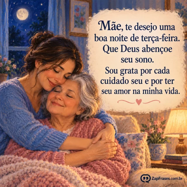 Filha adulta abraçando a mãe idosa, sala com luz noturna.. Arte com a mensagem: Mãe, te desejo uma boa noite de terça-feira. Que Deus abençoe seu sono. Sou grata por cada cuidado seu e por ter seu amor na minha vida.