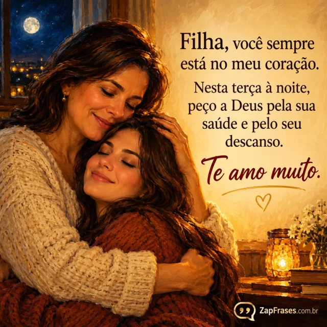Mãe adulta e filha jovem adulta abraçadas, noite pela janela.. Arte com a mensagem: Filha, você sempre está no meu coração. Nesta terça à noite, peço a Deus pela sua saúde e pelo seu descanso. Te amo muito.