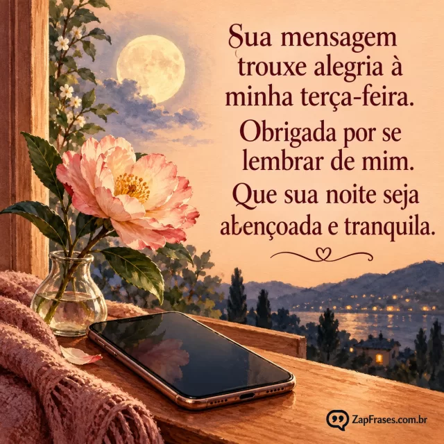 Celular sem palavras na tela ao lado de flor única e lua no fundo discreto.. Arte com a mensagem: Sua mensagem trouxe alegria à minha terça-feira. Obrigada por se lembrar de mim. Que sua noite seja abençoada e tranquila.