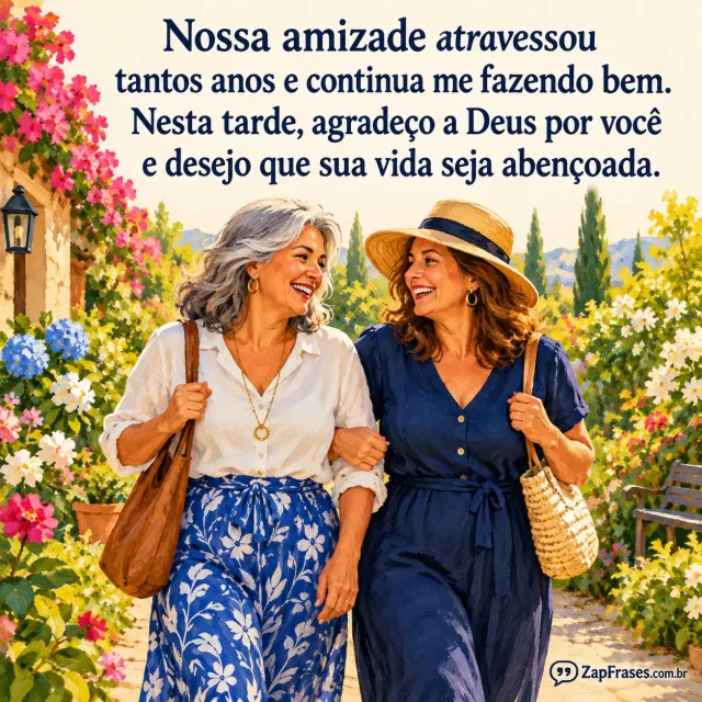 Duas amigas maduras caminhando no jardim florido de tarde.. Arte com a mensagem: Nossa amizade atravessou tantos anos e continua me fazendo bem. Nesta tarde, agradeço a Deus por você e desejo que sua vida seja abençoada.