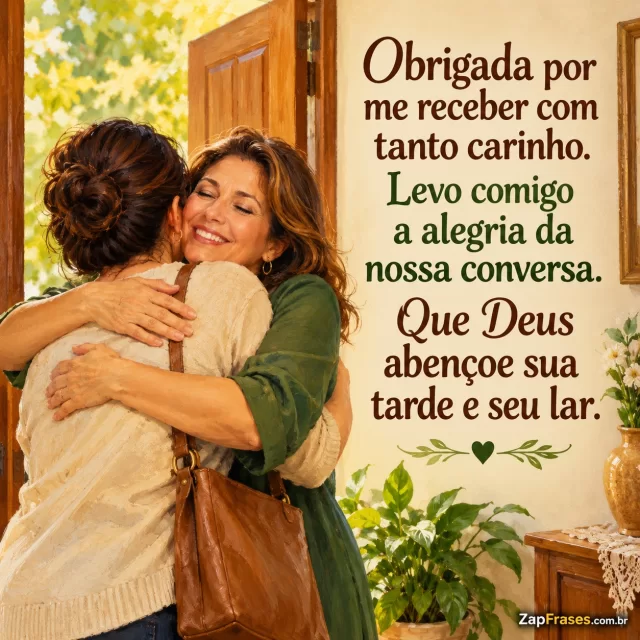 Porta aberta com duas mulheres adultas se despedindo num abraço.. Arte com a mensagem: Obrigada por me receber com tanto carinho. Levo comigo a alegria da nossa conversa. Que Deus abençoe sua tarde e seu lar.