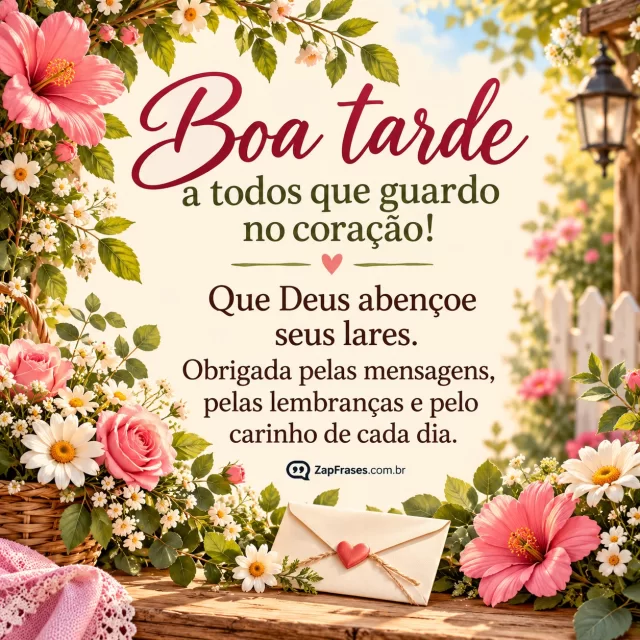 Jardim de flores com pequeno envelope central, luz clara de tarde.. Arte com a mensagem: Boa tarde a todos que guardo no coração! Que Deus abençoe seus lares. Obrigada pelas mensagens, pelas lembranças e pelo carinho de cada dia.