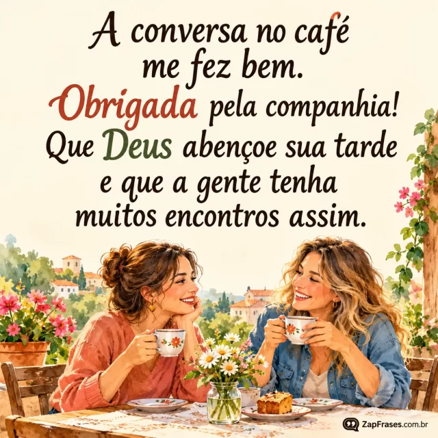 Duas amigas adultas conversando com xícaras à mesa numa tarde clara.. Arte com a mensagem: A conversa no café me fez bem. Obrigada pela companhia! Que Deus abençoe sua tarde e que a gente tenha muitos encontros assim.
