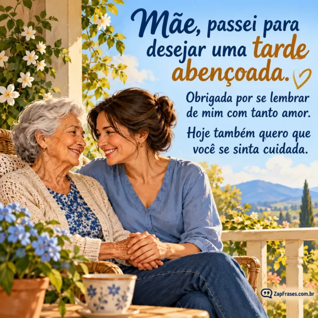 Mãe idosa e filha adulta lado a lado à varanda, mãos dadas.. Arte com a mensagem: Mãe, passei para desejar uma tarde abençoada. Obrigada por se lembrar de mim com tanto amor. Hoje também quero que você se sinta cuidada.