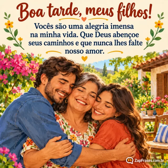 Mãe madura abraçando filhos adultos no jardim à tarde, cores vivas suaves.. Arte com a mensagem: Boa tarde, meus filhos! Vocês são uma alegria imensa na minha vida. Que Deus abençoe seus caminhos e que nunca lhes falte nosso amor.