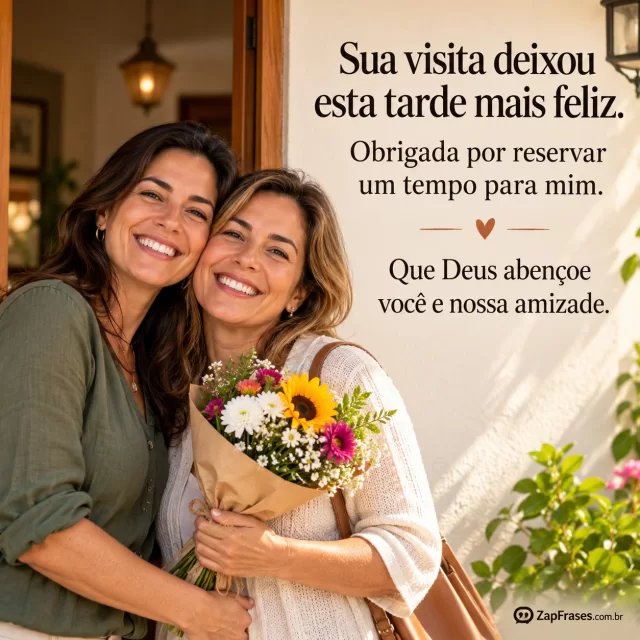 Amigas adultas à porta com sorriso e buquê pequeno, sol da tarde difuso.. Arte com a mensagem: Sua visita deixou esta tarde mais feliz. Obrigada por reservar um tempo para mim. Que Deus abençoe você e nossa amizade.