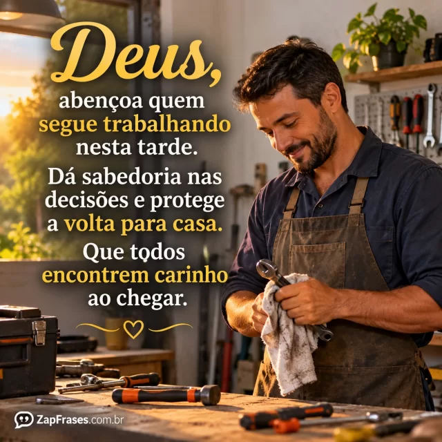 Pessoa adulta encerrando trabalho numa pequena oficina iluminada de tarde.. Arte com a mensagem: Deus, abençoa quem segue trabalhando nesta tarde. Dá sabedoria nas decisões e protege a volta para casa. Que todos encontrem carinho ao chegar.