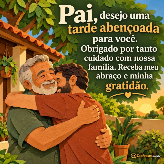 Pai maduro recebendo abraço de filho adulto no quintal de tarde.. Arte com a mensagem: Pai, desejo uma tarde abençoada para você. Obrigado por tanto cuidado com nossa família. Receba meu abraço e minha gratidão.