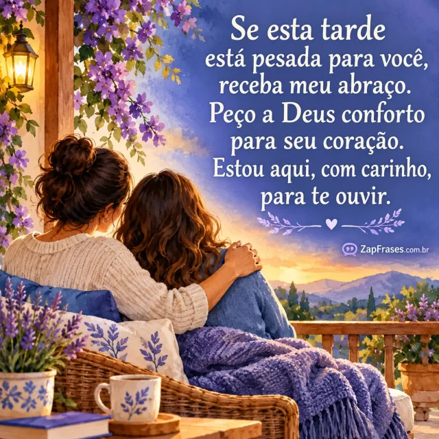 Duas pessoas adultas sentadas próximas, uma mão no ombro, varanda tranquila.. Arte com a mensagem: Se esta tarde está pesada para você, receba meu abraço. Peço a Deus conforto para seu coração. Estou aqui, com carinho, para te ouvir.