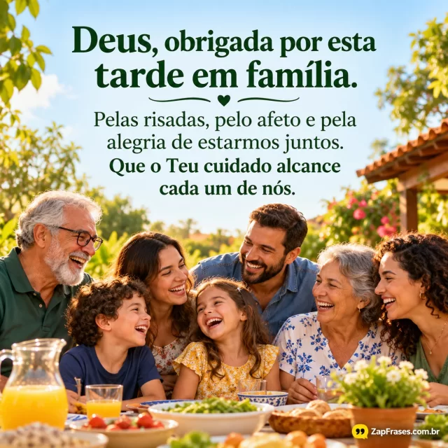 Família brasileira multigeracional reunida no jardim à tarde com risos espontâneos.. Arte com a mensagem: Deus, obrigada por esta tarde em família. Pelas risadas, pelo afeto e pela alegria de estarmos juntos. Que o Teu cuidado alcance cada um de nós.