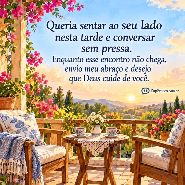 Duas cadeiras na varanda com uma xícara em cada, jardim da tarde ao fundo.. Arte com a mensagem: Queria sentar ao seu lado nesta tarde e conversar sem pressa. Enquanto esse encontro não chega, envio meu abraço e desejo que Deus cuide de você.
