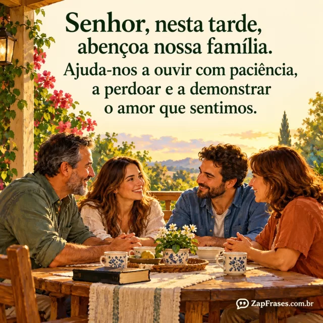Família de adultos em conversa tranquila à mesa na varanda, mãos próximas.. Arte com a mensagem: Senhor, nesta tarde, abençoa nossa família. Ajuda-nos a ouvir com paciência, a perdoar e a demonstrar o amor que sentimos.