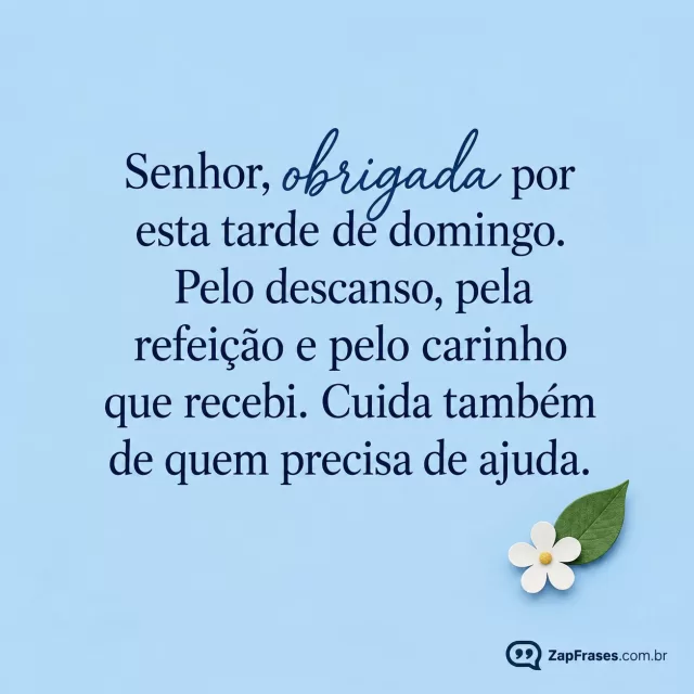Uma folha verde e pequena flor branca, fundo azul suave.. Arte com a mensagem: Senhor, obrigada por esta tarde de domingo. Pelo descanso, pela refeição e pelo carinho que recebi. Cuida também de quem precisa de ajuda.