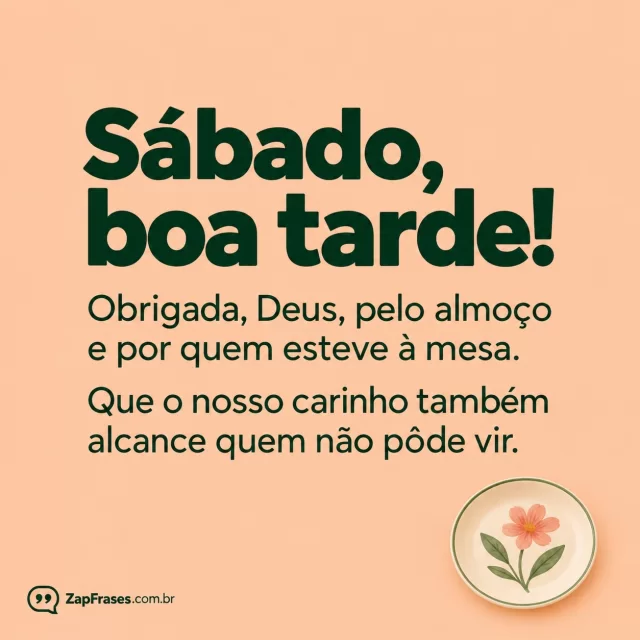 Um prato pequeno com flor em desenho, fundo pêssego.. Arte com a mensagem: Sábado, boa tarde! Obrigada, Deus, pelo almoço e por quem esteve à mesa. Que o nosso carinho também alcance quem não pôde vir.