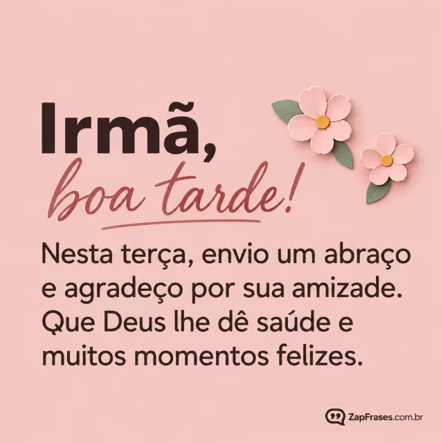 Duas pequenas flores em papel recortado, fundo rosé.. Arte com a mensagem: Irmã, boa tarde! Nesta terça, envio um abraço e agradeço por sua amizade. Que Deus lhe dê saúde e muitos momentos felizes.