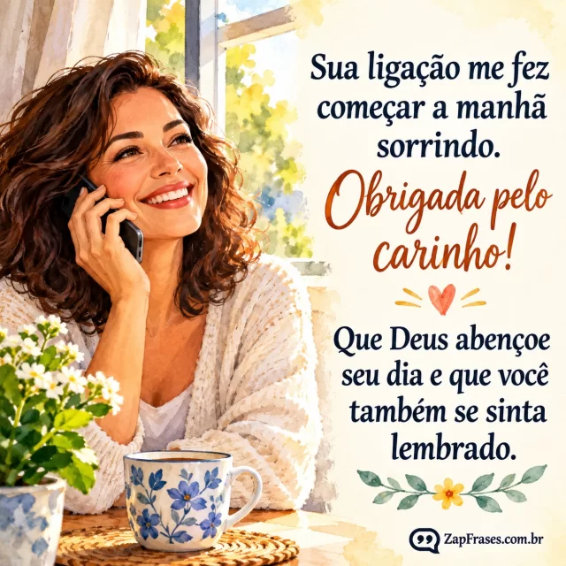 Mulher adulta sorrindo ao telefone perto da janela iluminada.. Arte com a mensagem: Sua ligação me fez começar a manhã sorrindo. Obrigada pelo carinho! Que Deus abençoe seu dia e que você também se sinta lembrado.