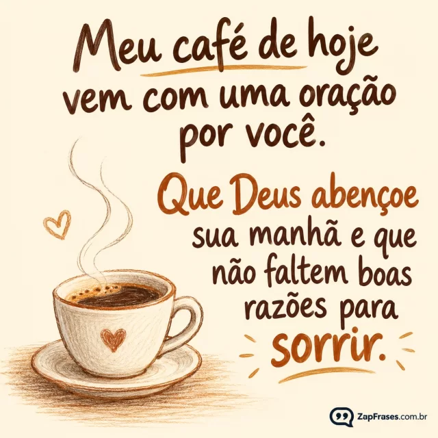 Xícara pequena em fundo creme, vapor em linha simples.. Arte com a mensagem: Meu café de hoje vem com uma oração por você. Que Deus abençoe sua manhã e que não faltem boas razões para sorrir.