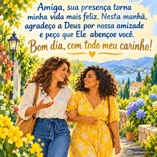 Duas amigas adultas caminhando num jardim de manhã, conversa afetiva.. Arte com a mensagem: Amiga, sua presença torna minha vida mais feliz. Nesta manhã, agradeço a Deus por nossa amizade e peço que Ele abençoe você. Bom dia, com todo meu carinho!