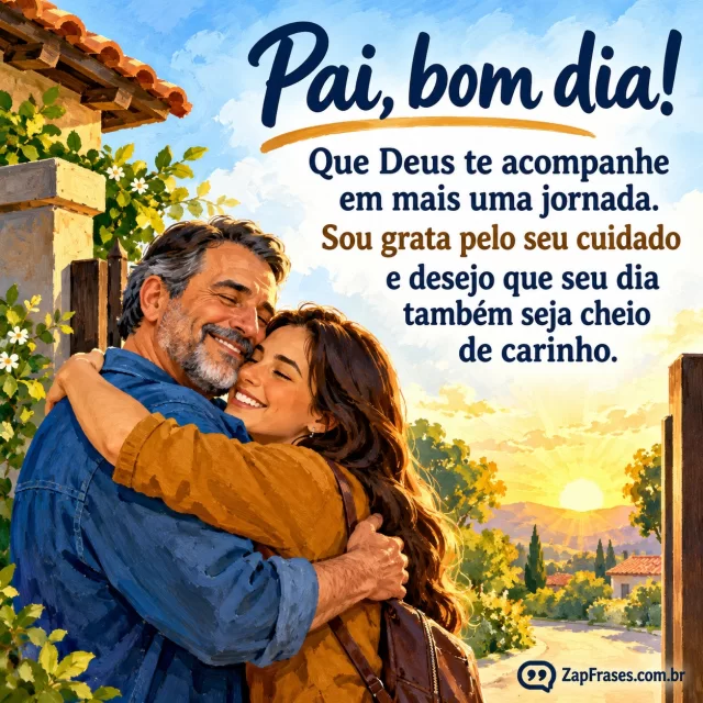 Pai adulto recebendo abraço da filha adulta no portão ao amanhecer.. Arte com a mensagem: Pai, bom dia! Que Deus te acompanhe em mais uma jornada. Sou grata pelo seu cuidado e desejo que seu dia também seja cheio de carinho.