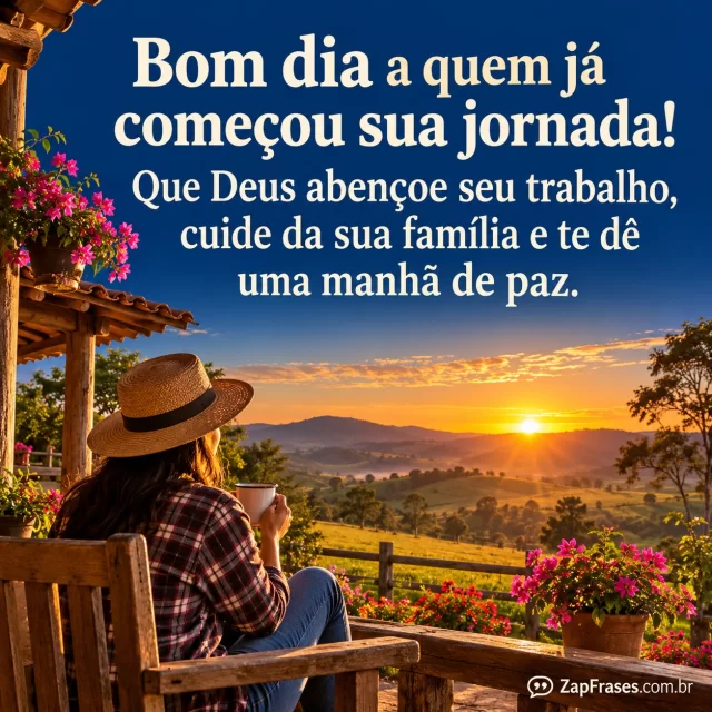 Pessoa adulta à varanda de sítio ao nascer do sol, flores e horizonte.. Arte com a mensagem: Bom dia a quem já começou sua jornada! Que Deus abençoe seu trabalho, cuide da sua família e te dê uma manhã de paz.